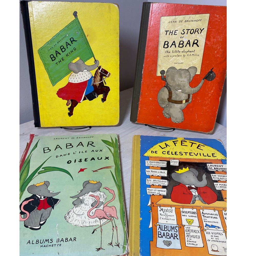 Vintage Babar the Elephant Book Lot 1937 1951 English French Jean de Brunhoff